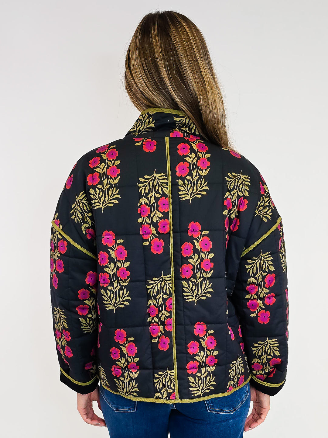 BOTANICAL PRINT QUILTED JACKET - BLACK