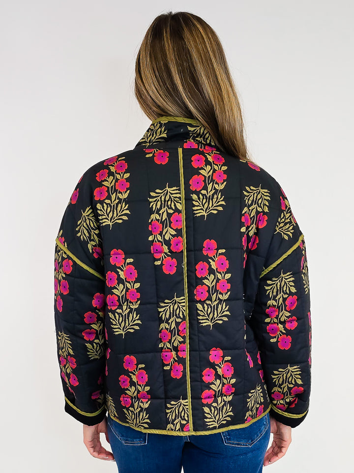 BOTANICAL PRINT QUILTED JACKET - BLACK