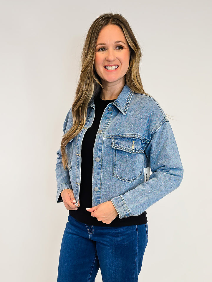 STUDDED CROPPED JEAN JACKET - MEDIUM WASH