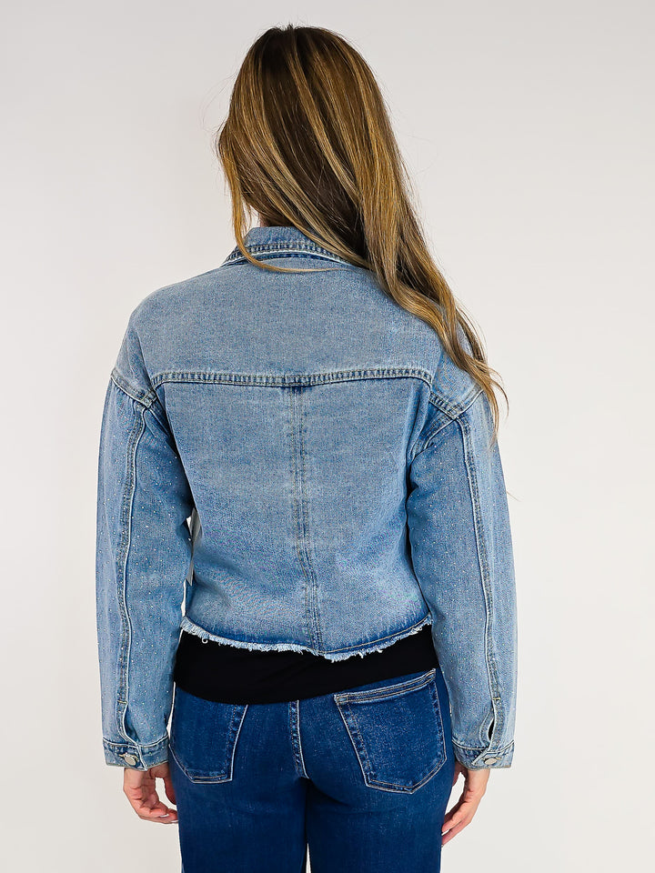 STUDDED CROPPED JEAN JACKET - MEDIUM WASH