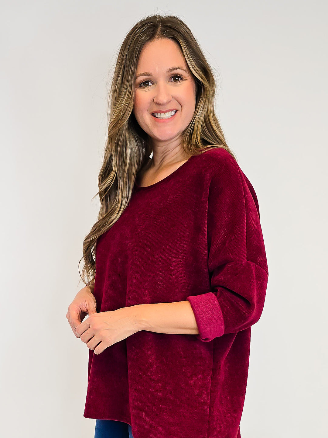 3/4 SLEEVE TEXTURED DROP SHOULDER TOP - ONE SIZE - BURGUNDY