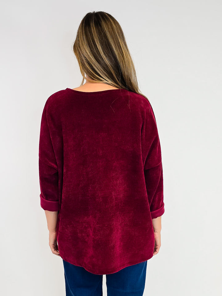 3/4 SLEEVE TEXTURED DROP SHOULDER TOP - ONE SIZE - BURGUNDY