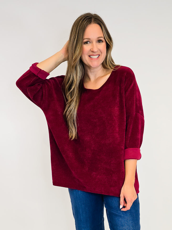3/4 SLEEVE TEXTURED DROP SHOULDER TOP - ONE SIZE - BURGUNDY