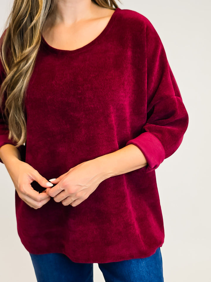 3/4 SLEEVE TEXTURED DROP SHOULDER TOP - ONE SIZE - BURGUNDY