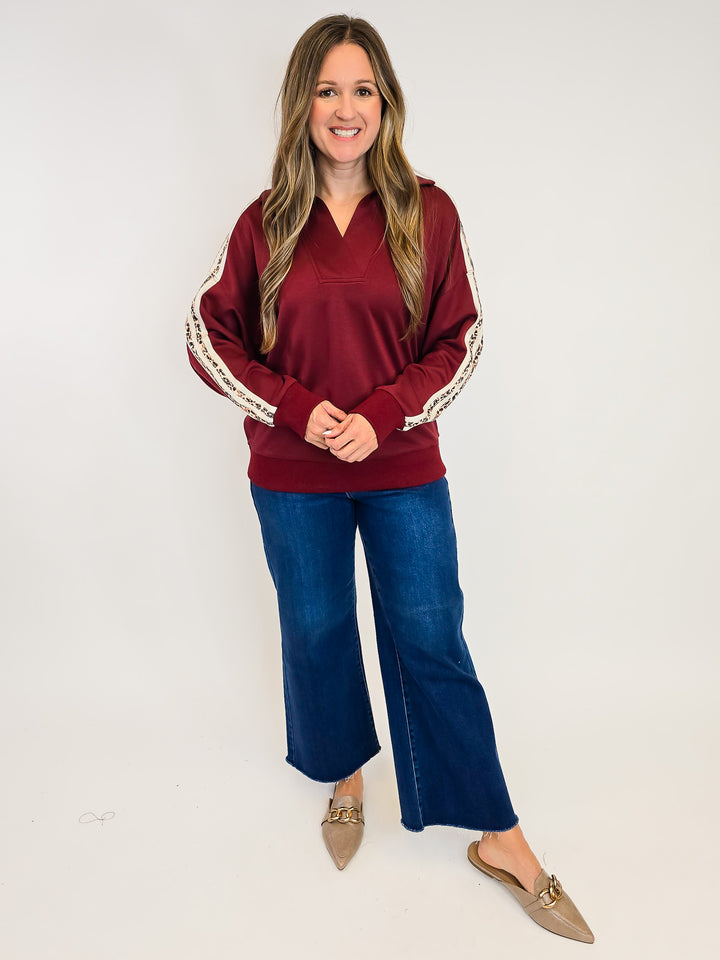 LUXEKNIT PULLOVER SWEATSHIRT W/LEOPARD TRIM - MAHOGANY