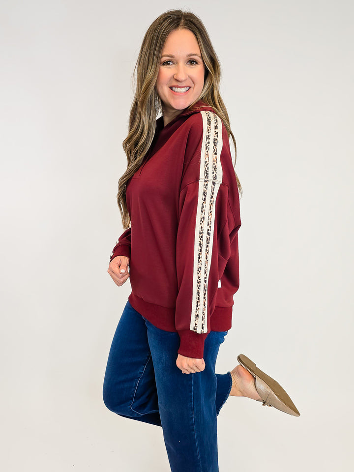LUXEKNIT PULLOVER SWEATSHIRT W/LEOPARD TRIM - MAHOGANY