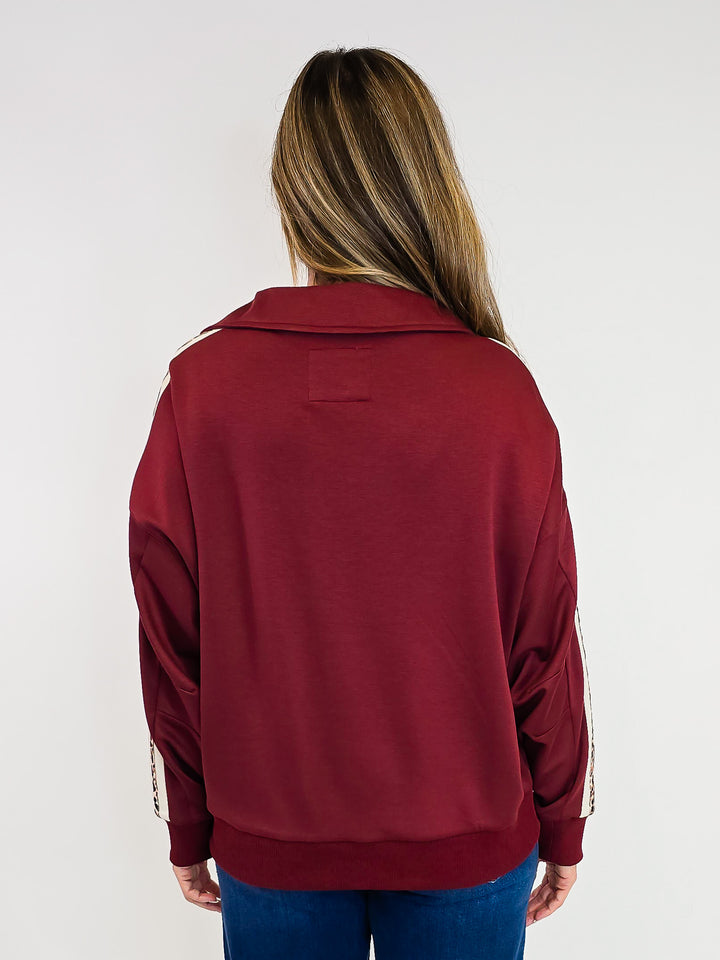LUXEKNIT PULLOVER SWEATSHIRT W/LEOPARD TRIM - MAHOGANY