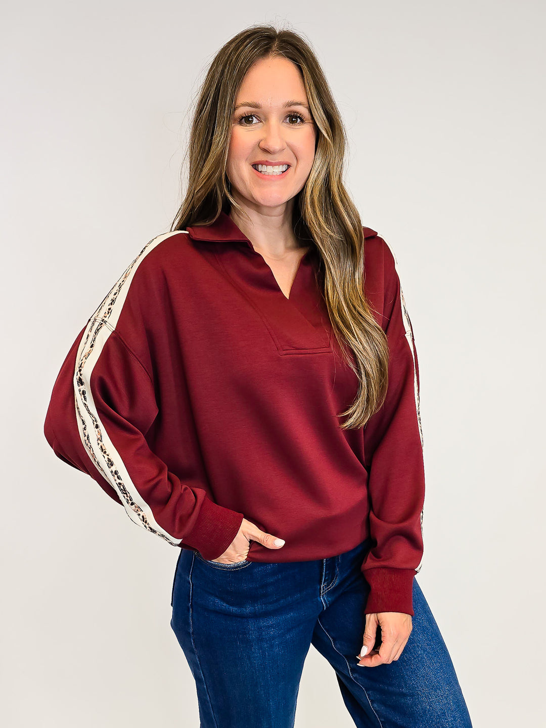 LUXEKNIT PULLOVER SWEATSHIRT W/LEOPARD TRIM - MAHOGANY