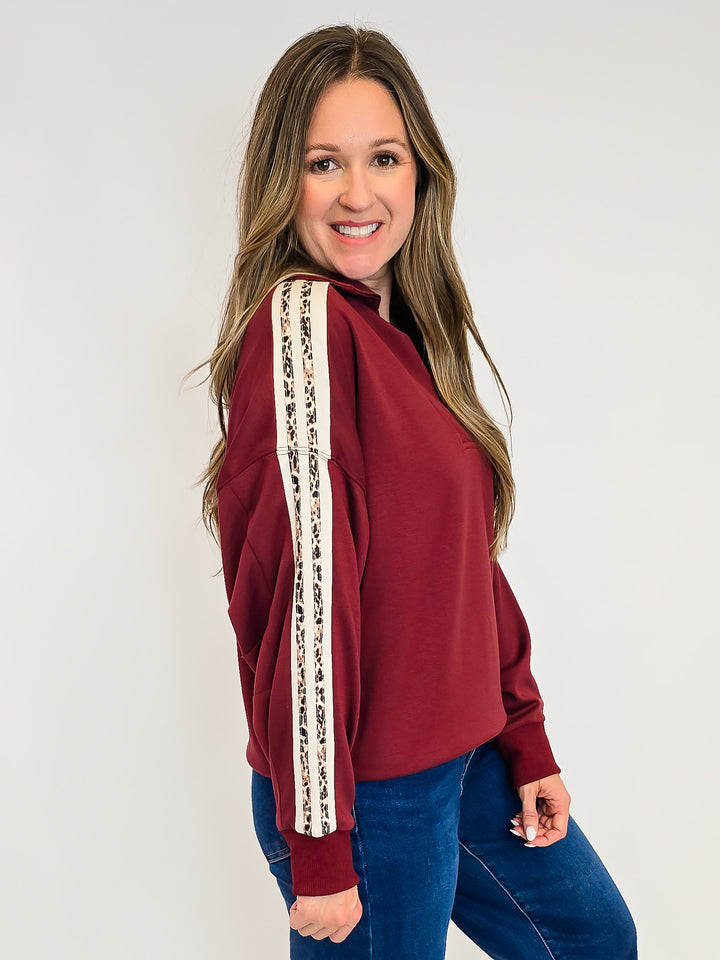 LUXEKNIT PULLOVER SWEATSHIRT W/LEOPARD TRIM - MAHOGANY