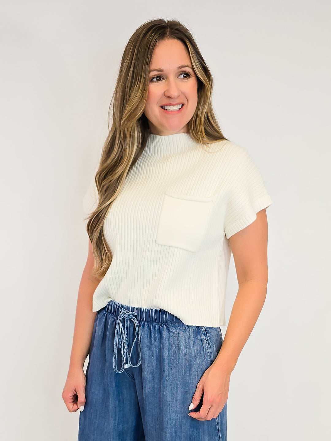RIBBED MOCK NECK CAP SLEEVE SWEATER - FRENCH VANILLA