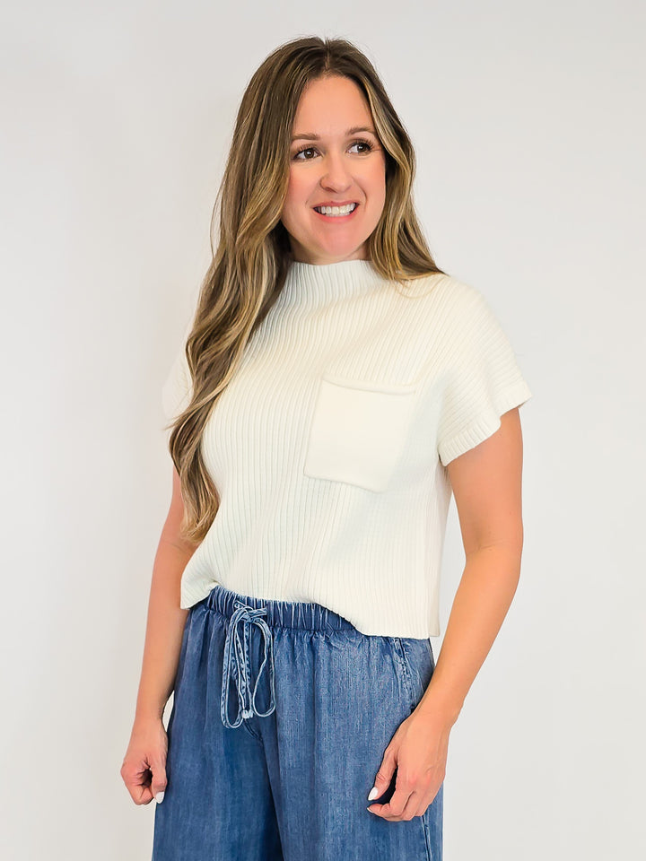 RIBBED MOCK NECK CAP SLEEVE SWEATER - FRENCH VANILLA