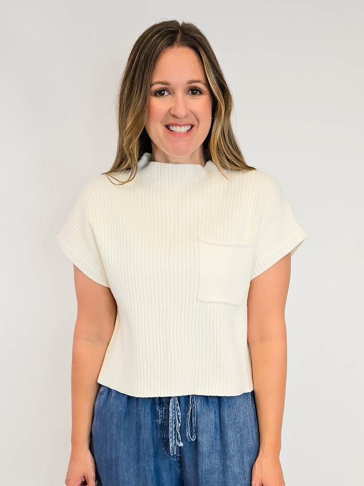 RIBBED MOCK NECK CAP SLEEVE SWEATER - FRENCH VANILLA