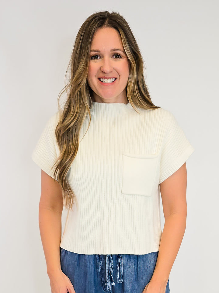 RIBBED MOCK NECK CAP SLEEVE SWEATER - FRENCH VANILLA