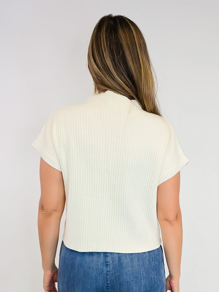 RIBBED MOCK NECK CAP SLEEVE SWEATER - FRENCH VANILLA