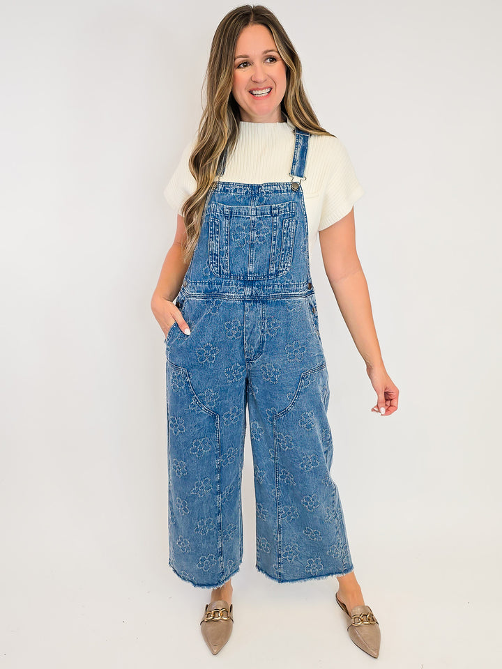 FLOWER PATTERN WASHED TWILL OVERALLS - WASHED DENIM