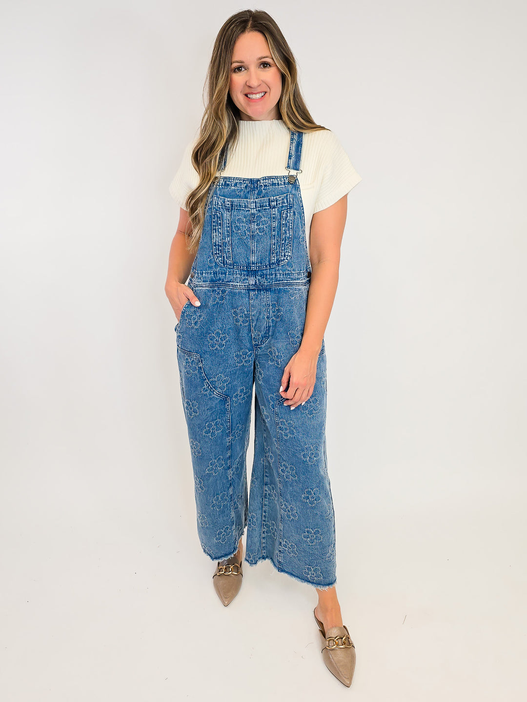 FLOWER PATTERN WASHED TWILL OVERALLS - WASHED DENIM