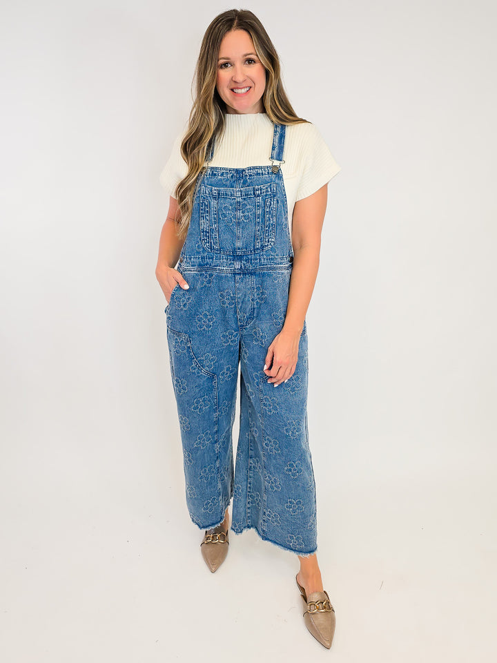 FLOWER PATTERN WASHED TWILL OVERALLS - WASHED DENIM