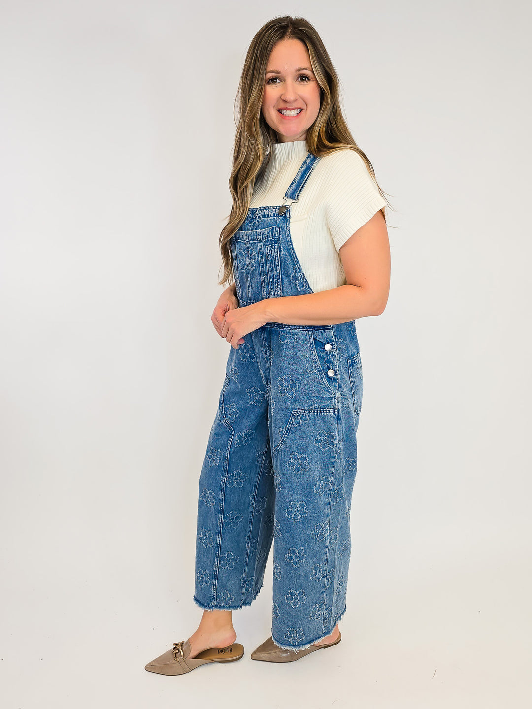 FLOWER PATTERN WASHED TWILL OVERALLS - WASHED DENIM