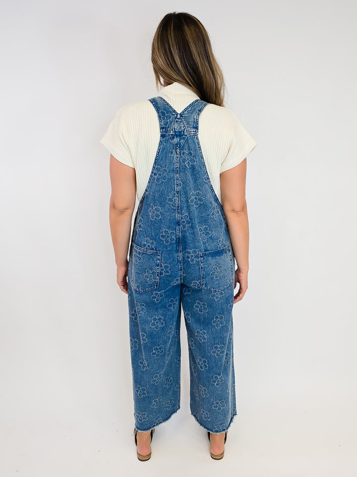 FLOWER PATTERN WASHED TWILL OVERALLS - WASHED DENIM