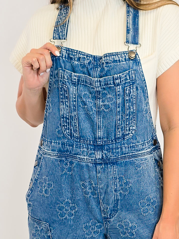 FLOWER PATTERN WASHED TWILL OVERALLS - WASHED DENIM