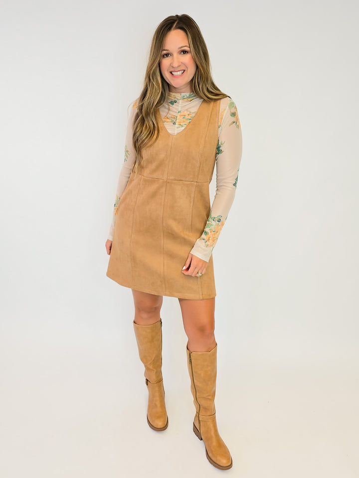 FAUX SUEDE SLEEVELESS SHIFT DRESS - LATTE