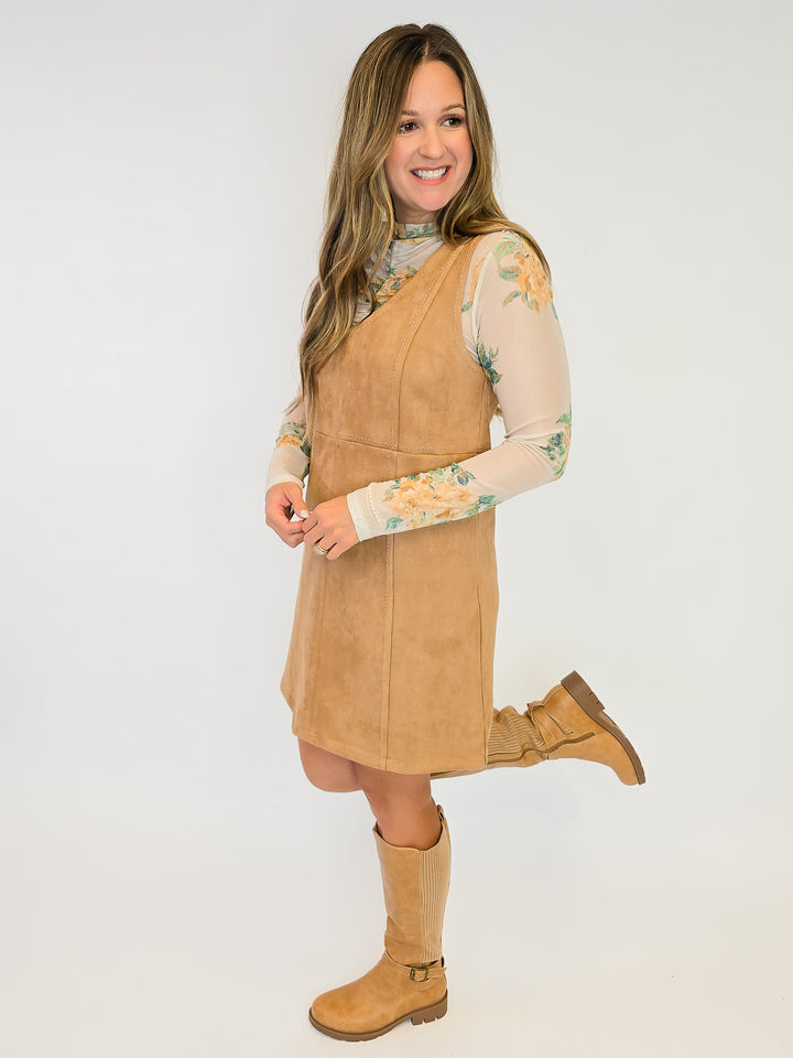 FAUX SUEDE SLEEVELESS SHIFT DRESS - LATTE