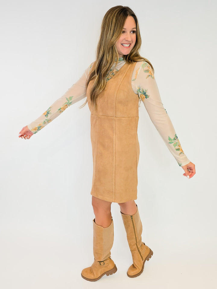 FAUX SUEDE SLEEVELESS SHIFT DRESS - LATTE
