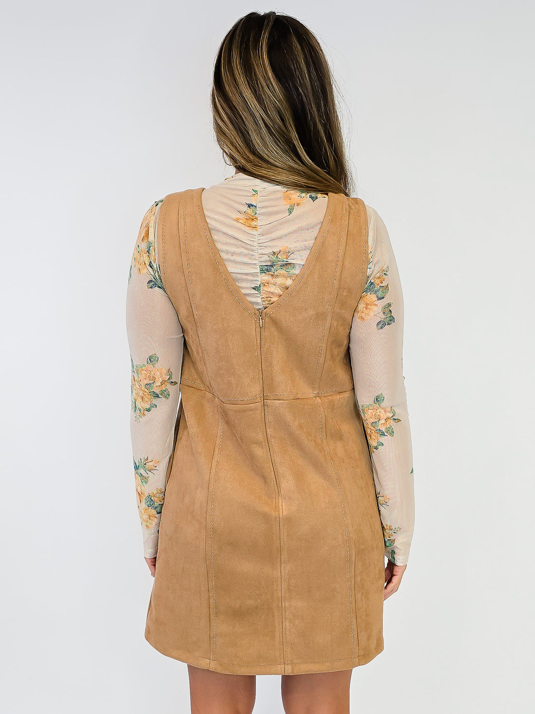 FAUX SUEDE SLEEVELESS SHIFT DRESS - LATTE