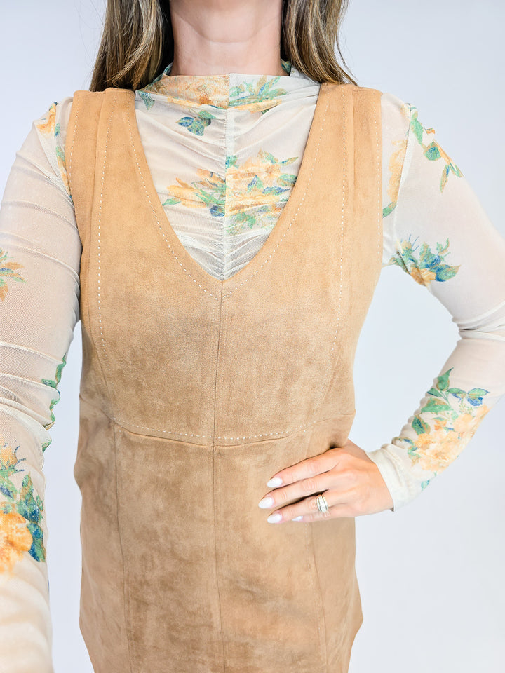 FAUX SUEDE SLEEVELESS SHIFT DRESS - LATTE