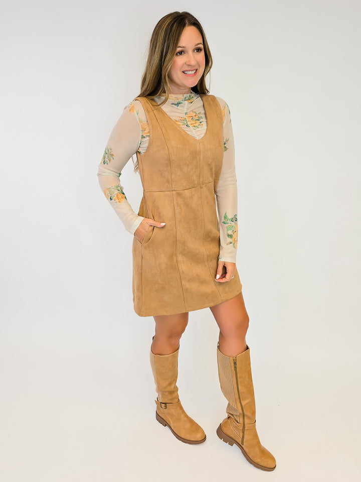 FAUX SUEDE SLEEVELESS SHIFT DRESS - LATTE