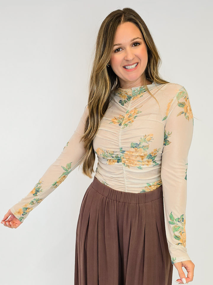 MOCK NECK RUCHING TOP - OATMEAL