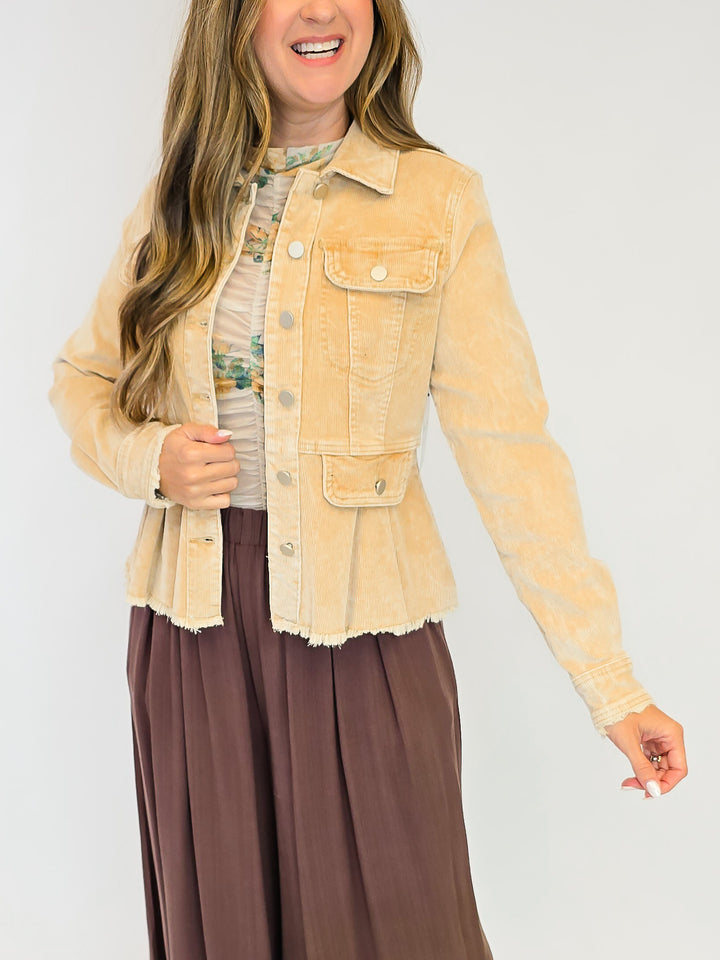 WASHED DENIM PEPLUM JACKET - HONEY