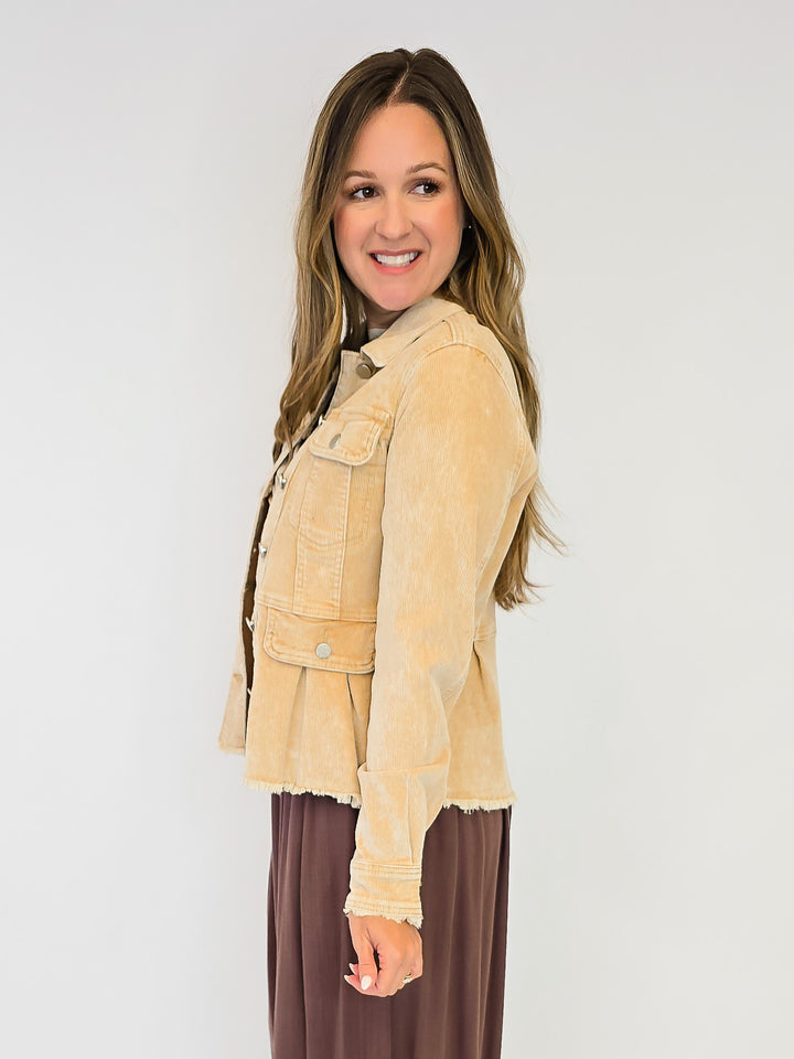 WASHED DENIM PEPLUM JACKET - HONEY
