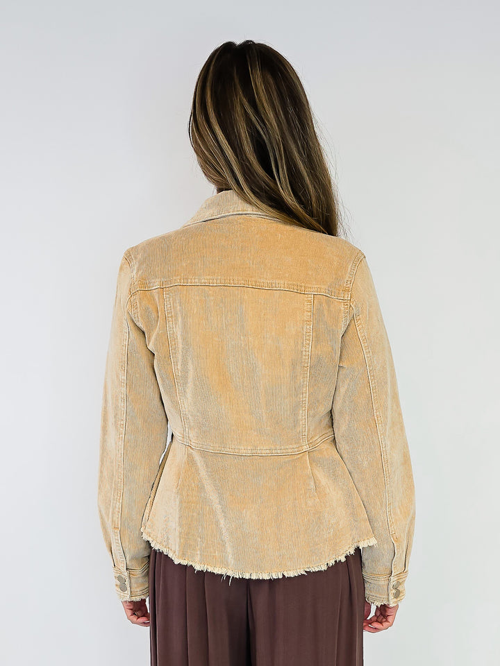 WASHED DENIM PEPLUM JACKET - HONEY