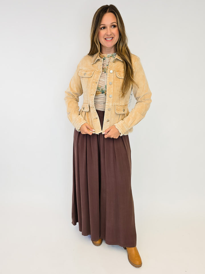 WASHED DENIM PEPLUM JACKET - HONEY
