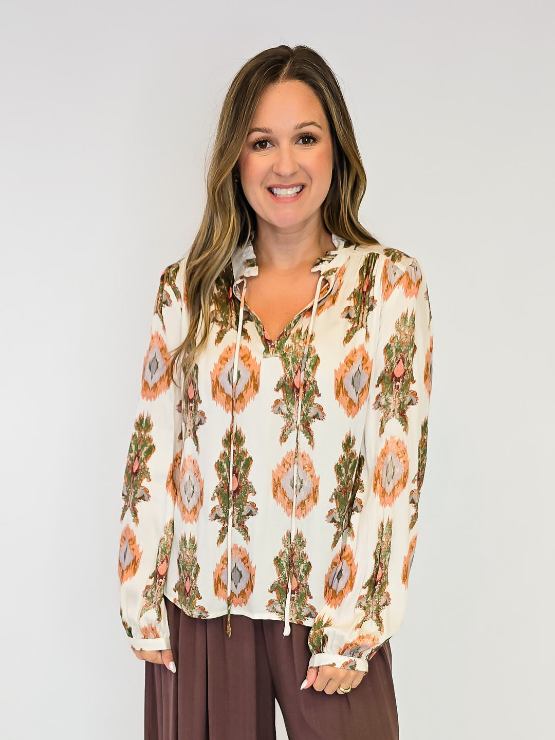 PRINTED PEASANT BLOUSE - IVORY/TRIBAL