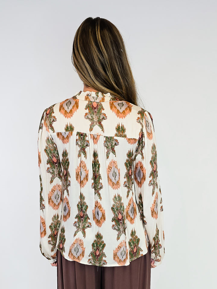 PRINTED PEASANT BLOUSE - IVORY/TRIBAL