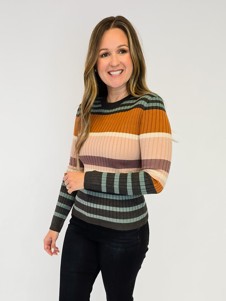COLOR BLOCK STRIPED RIBBED KNIT SWEATER - CAMEL/GREEN