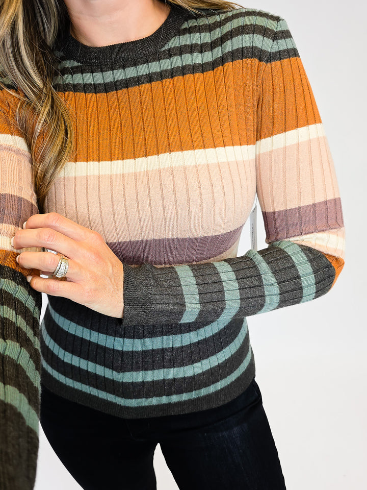 COLOR BLOCK STRIPED RIBBED KNIT SWEATER - CAMEL/GREEN