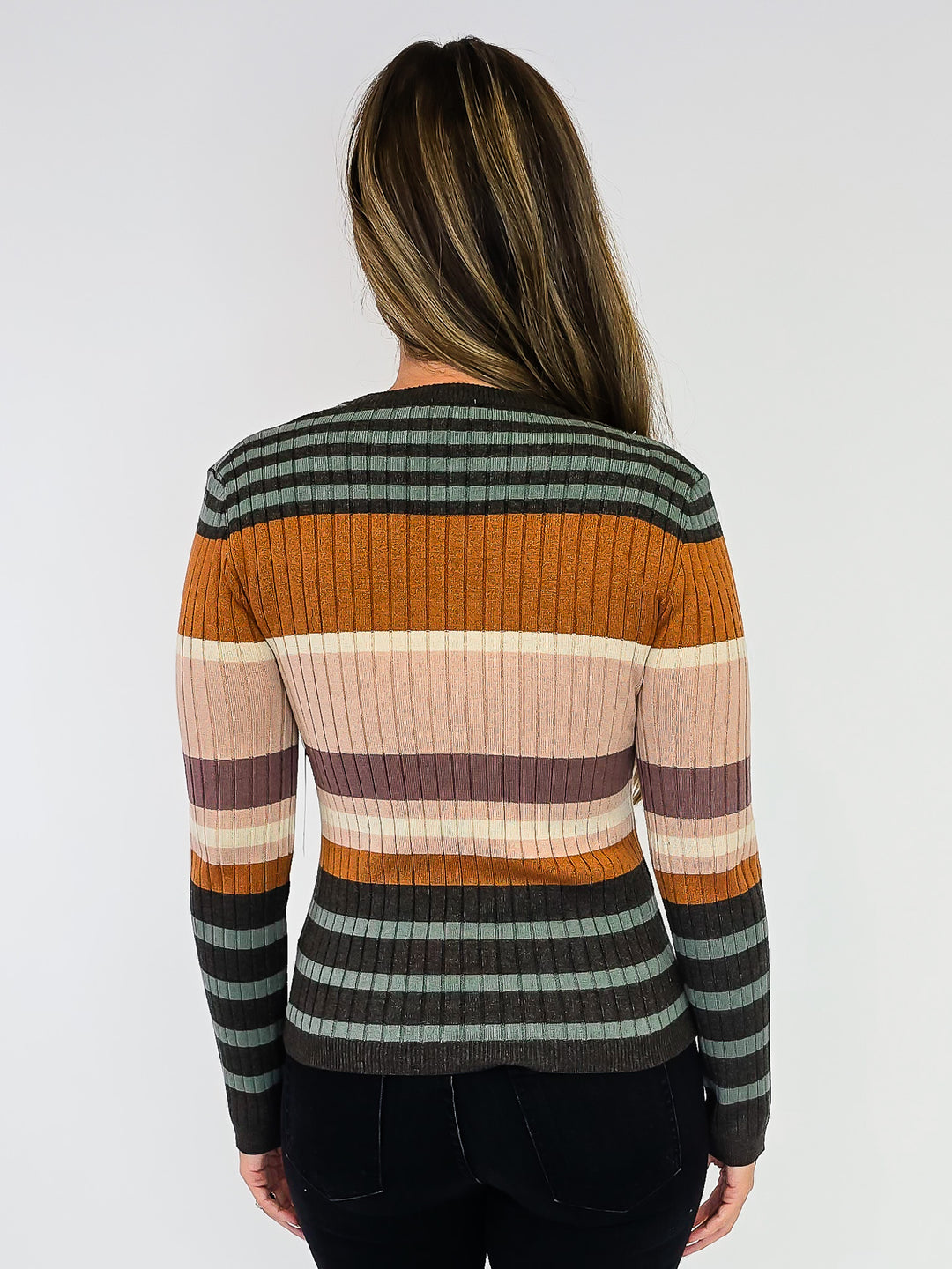 COLOR BLOCK STRIPED RIBBED KNIT SWEATER - CAMEL/GREEN