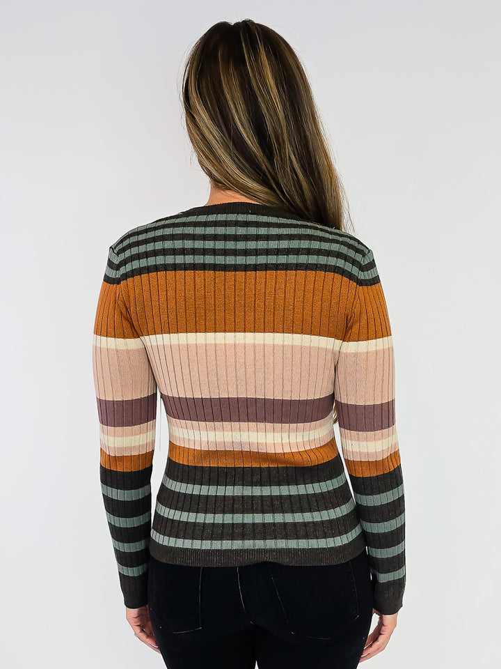 COLOR BLOCK STRIPED RIBBED KNIT SWEATER - CAMEL/GREEN