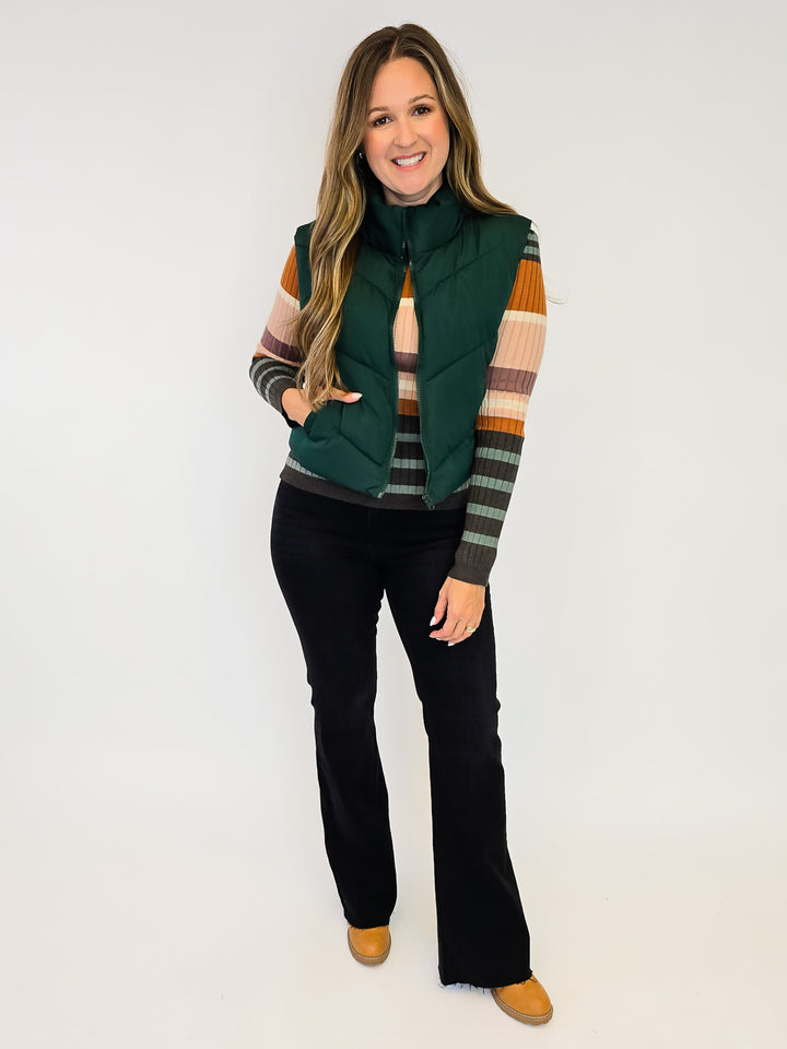 COLOR BLOCK STRIPED RIBBED KNIT SWEATER - CAMEL/GREEN
