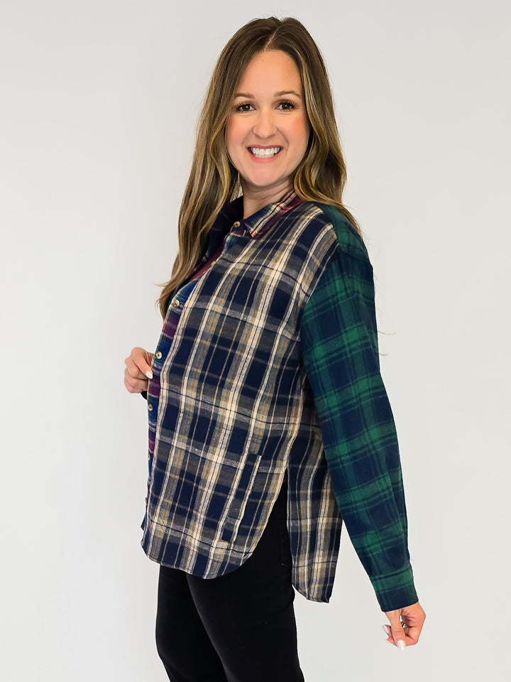 MIXED PLAID BUTTON DOWN SHIRT - NAVY MULTI