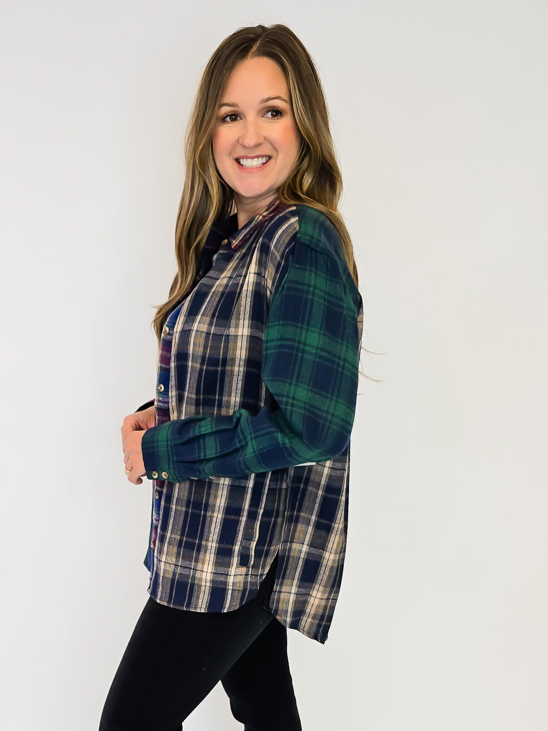 MIXED PLAID BUTTON DOWN SHIRT - NAVY MULTI