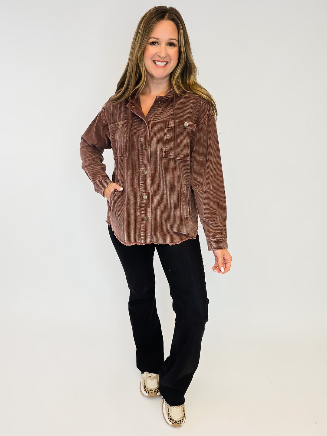 ACID WASH CORDUROY HOODED SHACKET - BROWN