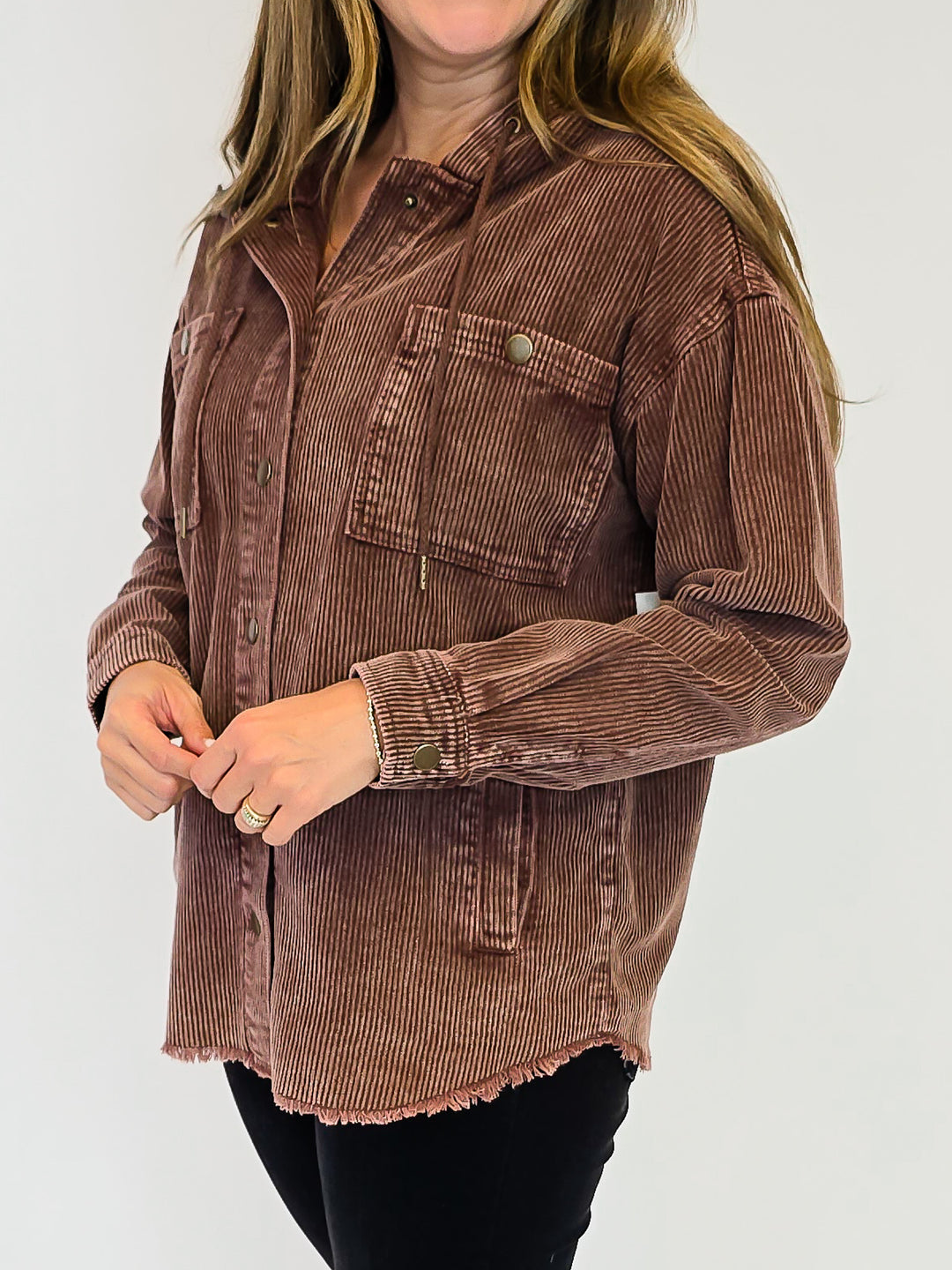 ACID WASH CORDUROY HOODED SHACKET - BROWN