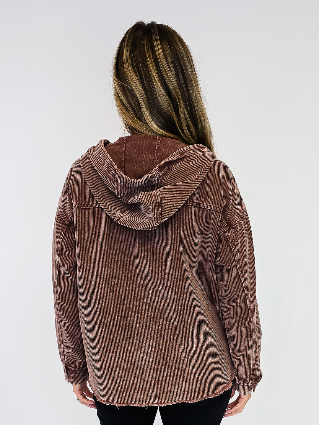 ACID WASH CORDUROY HOODED SHACKET - BROWN