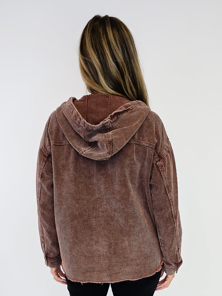 ACID WASH CORDUROY HOODED SHACKET - BROWN