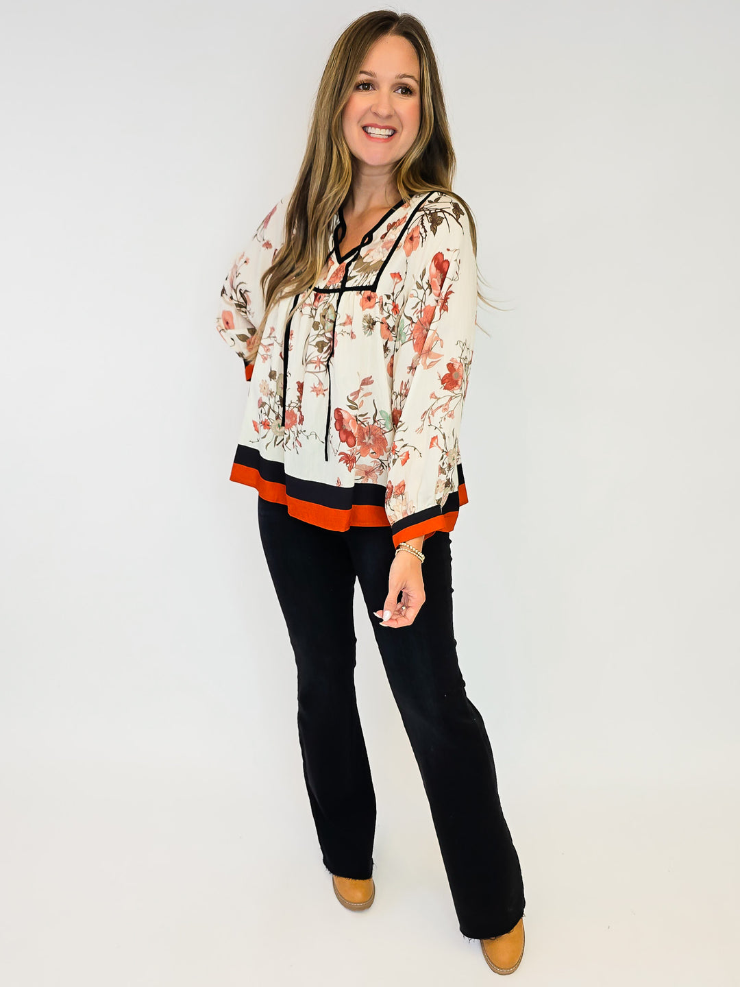 3/4 PUFF SLEEVE FLORAL BLOUSE - RUST