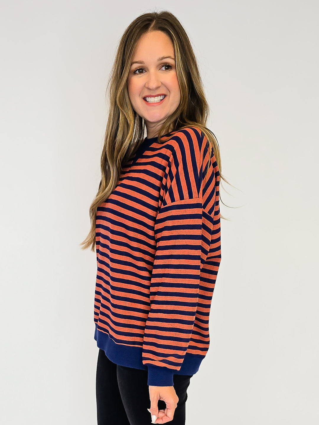 STRIPED CLOUDY KNIT L/S TOP - NAVY/MAUVE